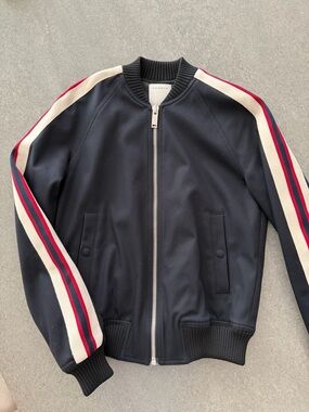 Sandro Navy Bomber Jacket with Red and Cream Striped Sleeves